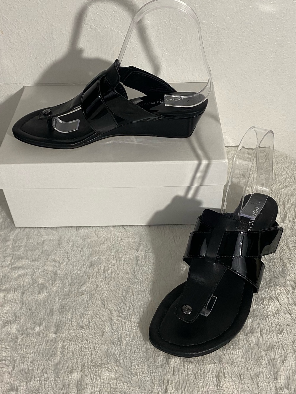 Donald J. Pliner Black Patent Wedge Thong Sandals